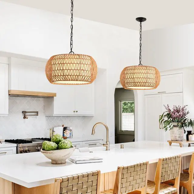 Alt view image 2 of 7 - 18" Farmhouse Pendant Light with Adjustable Height, Boho Woven Jute Rope Hanging Ceiling Light Fixture, E26 Base, 60W Max, Compatible with Flat, Vaulted, and Sloped Ceil (Bulb Not included)
