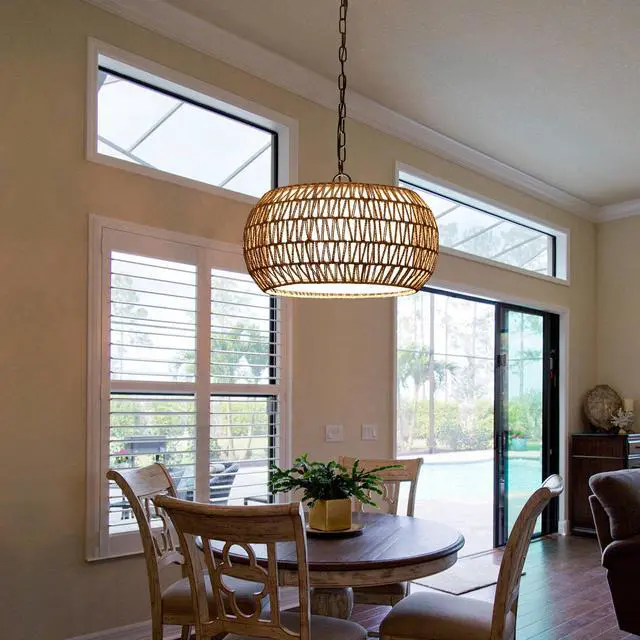 Alt view image 4 of 7 - 18" Farmhouse Pendant Light with Adjustable Height, Boho Woven Jute Rope Hanging Ceiling Light Fixture, E26 Base, 60W Max, Compatible with Flat, Vaulted, and Sloped Ceil (Bulb Not included)