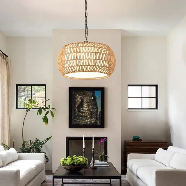 Alt view image 3 of 7 - 18" Farmhouse Pendant Light with Adjustable Height, Boho Woven Jute Rope Hanging Ceiling Light Fixture, E26 Base, 60W Max, Compatible with Flat, Vaulted, and Sloped Ceil (Bulb Not included)