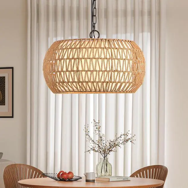 Alt view image 5 of 7 - 18" Farmhouse Pendant Light with Adjustable Height, Boho Woven Jute Rope Hanging Ceiling Light Fixture, E26 Base, 60W Max, Compatible with Flat, Vaulted, and Sloped Ceil (Bulb Not included)