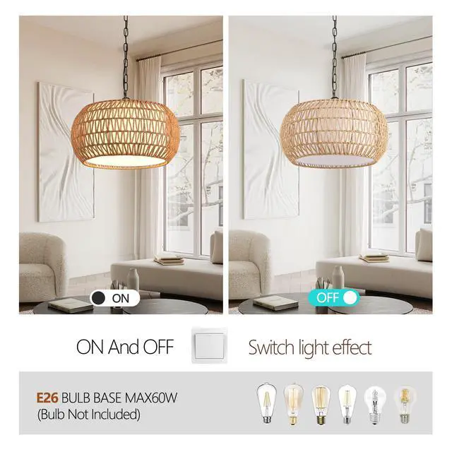 Alt view image 7 of 7 - 18" Farmhouse Pendant Light with Adjustable Height, Boho Woven Jute Rope Hanging Ceiling Light Fixture, E26 Base, 60W Max, Compatible with Flat, Vaulted, and Sloped Ceil (Bulb Not included)
