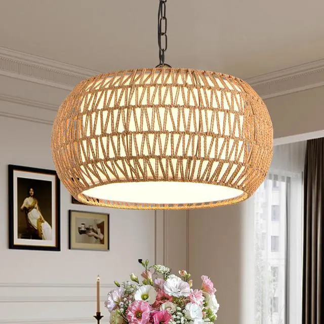 Alt view image 6 of 7 - 18" Farmhouse Pendant Light with Adjustable Height, Boho Woven Jute Rope Hanging Ceiling Light Fixture, E26 Base, 60W Max, Compatible with Flat, Vaulted, and Sloped Ceil (Bulb Not included)