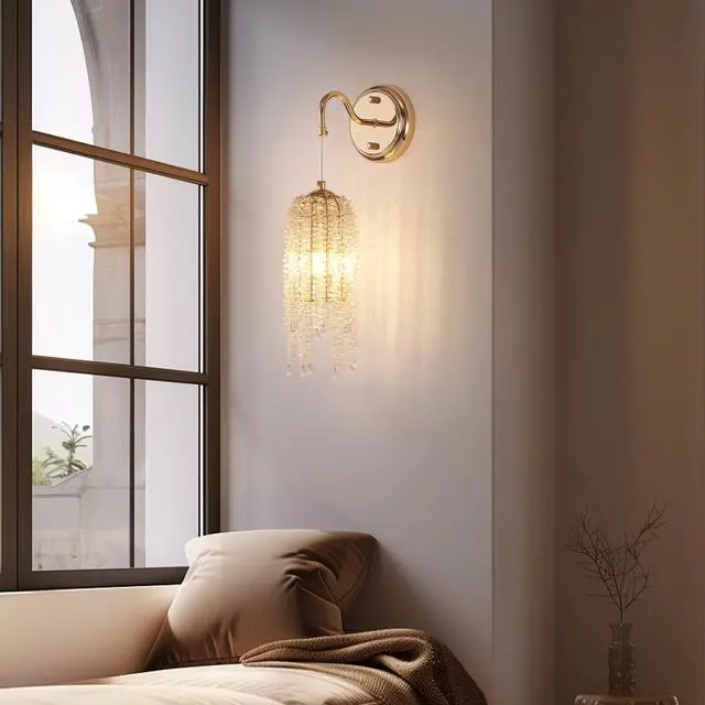 Alt view image 2 of 7 - Set Of 2 Gold Frame and Cascading Crystal Bead String Wall Sconces, E12 Bulb Socket, Elegant Hanging Light Fixture for Living Room, Bedroom, Hallway (Bulb Not included)