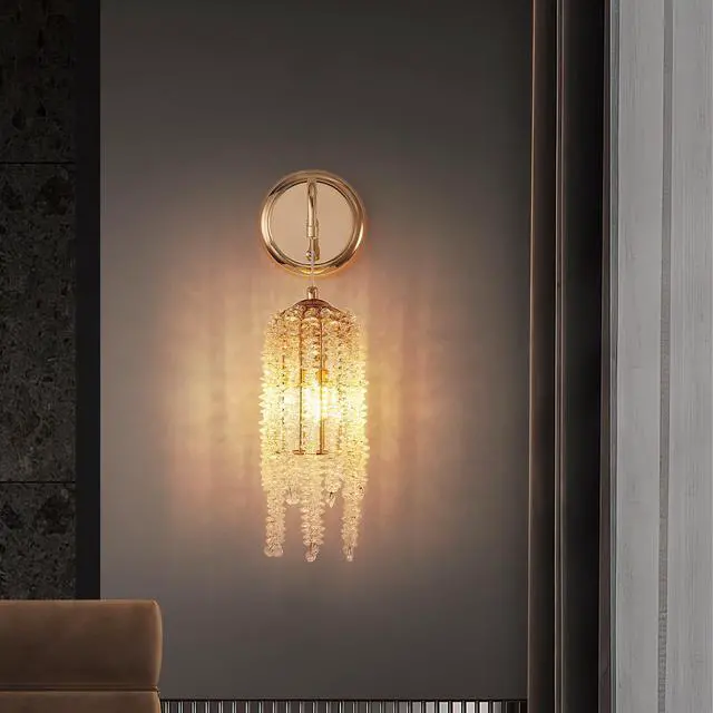 Alt view image 4 of 7 - Set Of 2 Gold Frame and Cascading Crystal Bead String Wall Sconces, E12 Bulb Socket, Elegant Hanging Light Fixture for Living Room, Bedroom, Hallway (Bulb Not included)