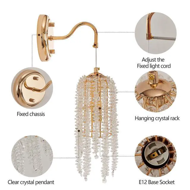 Alt view image 7 of 7 - Set Of 2 Gold Frame and Cascading Crystal Bead String Wall Sconces, E12 Bulb Socket, Elegant Hanging Light Fixture for Living Room, Bedroom, Hallway (Bulb Not included)