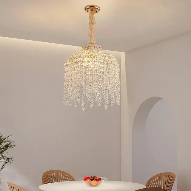 Alt view image 4 of 7 - 16 inch 5-Light Crystal Pendant Light Chandelier Elegant Waterfall Design with Grape-Shaped Crystal Bead Strings and Gold Finish for Living Room, Bedroom, Or Dining Area (Bulb Not included)