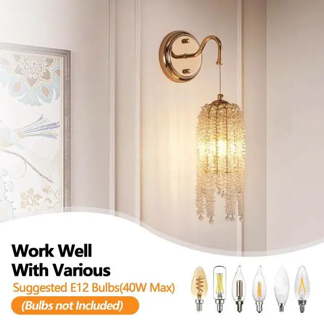Alt view image 6 of 7 - Set Of 2 Gold Frame and Cascading Crystal Bead String Wall Sconces, E12 Bulb Socket, Elegant Hanging Light Fixture for Living Room, Bedroom, Hallway (Bulb Not included)