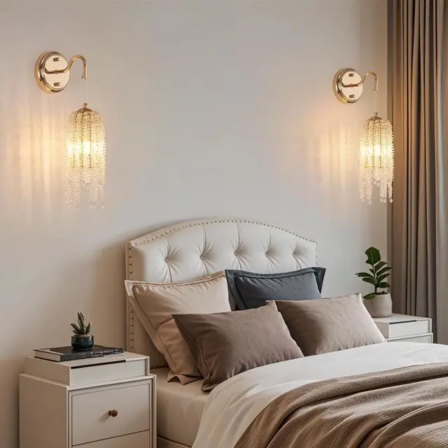 Alt view image 3 of 7 - Set Of 2 Gold Frame and Cascading Crystal Bead String Wall Sconces, E12 Bulb Socket, Elegant Hanging Light Fixture for Living Room, Bedroom, Hallway (Bulb Not included)