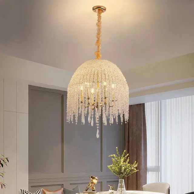 Main image of 20 inch 6-Light K9 Crystal Pendant Light Chandelier Elegant Waterfall Design with Cascading Crystal Bead Strings and Gold Finish for Living Room, Bedroom, Or Dining Area (Bulb Not included)