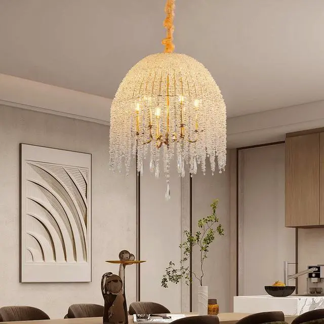 Alt view image 2 of 7 - 20 inch 6-Light K9 Crystal Pendant Light Chandelier Elegant Waterfall Design with Cascading Crystal Bead Strings and Gold Finish for Living Room, Bedroom, Or Dining Area (Bulb Not included)