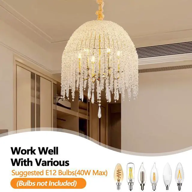 Alt view image 5 of 7 - 20 inch 6-Light K9 Crystal Pendant Light Chandelier Elegant Waterfall Design with Cascading Crystal Bead Strings and Gold Finish for Living Room, Bedroom, Or Dining Area (Bulb Not included)
