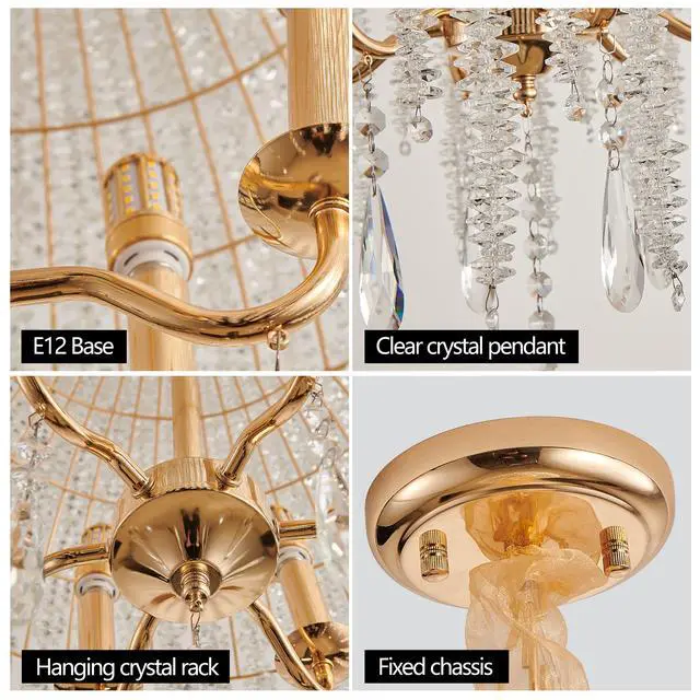 Alt view image 7 of 7 - 20 inch 6-Light K9 Crystal Pendant Light Chandelier Elegant Waterfall Design with Cascading Crystal Bead Strings and Gold Finish for Living Room, Bedroom, Or Dining Area (Bulb Not included)