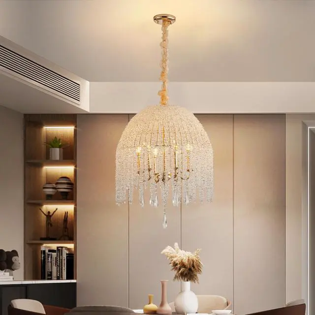 Alt view image 3 of 7 - 20 inch 6-Light K9 Crystal Pendant Light Chandelier Elegant Waterfall Design with Cascading Crystal Bead Strings and Gold Finish for Living Room, Bedroom, Or Dining Area (Bulb Not included)