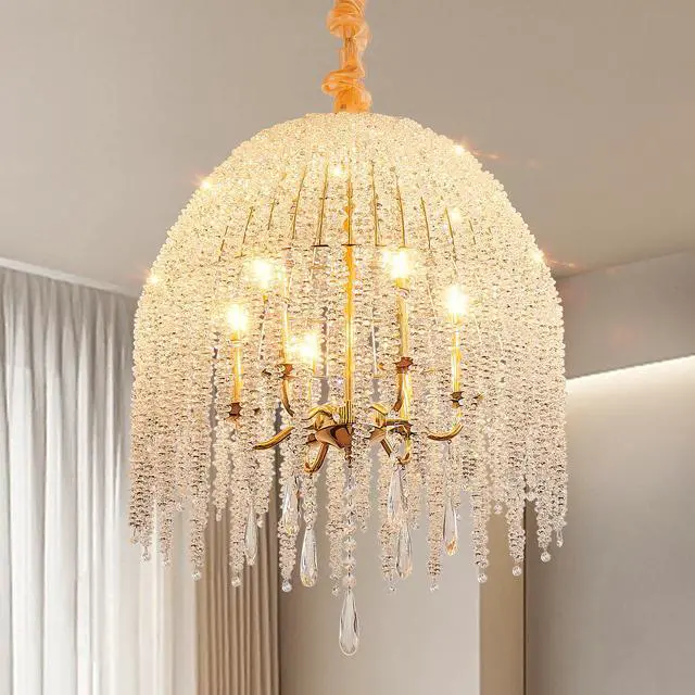 Alt view image 4 of 7 - 20 inch 6-Light K9 Crystal Pendant Light Chandelier Elegant Waterfall Design with Cascading Crystal Bead Strings and Gold Finish for Living Room, Bedroom, Or Dining Area (Bulb Not included)