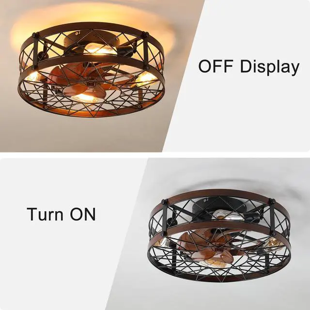 Alt view image 3 of 7 - Caged Ceiling Fans with Lights Black, 20 inch Flush Mount Ceiling Fan Light, Farmhouse Small Ceiling Fan with Light Fixture, Reversible Fan for Bedroom (including E26 Bulbs)