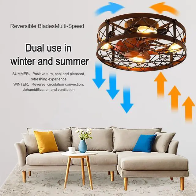 Alt view image 5 of 7 - Caged Ceiling Fans with Lights Black, 20 inch Flush Mount Ceiling Fan Light, Farmhouse Small Ceiling Fan with Light Fixture, Reversible Fan for Bedroom (including E26 Bulbs)