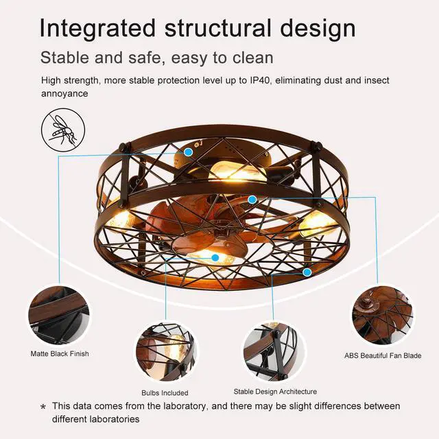 Alt view image 6 of 7 - Caged Ceiling Fans with Lights Black, 20 inch Flush Mount Ceiling Fan Light, Farmhouse Small Ceiling Fan with Light Fixture, Reversible Fan for Bedroom (including E26 Bulbs)
