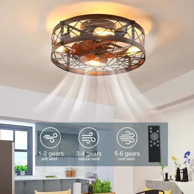 Alt view image 2 of 7 - Caged Ceiling Fans with Lights Black, 20 inch Flush Mount Ceiling Fan Light, Farmhouse Small Ceiling Fan with Light Fixture, Reversible Fan for Bedroom (including E26 Bulbs)
