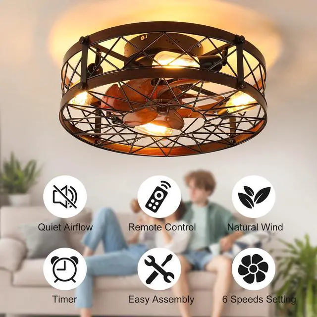 Alt view image 7 of 7 - Caged Ceiling Fans with Lights Black, 20 inch Flush Mount Ceiling Fan Light, Farmhouse Small Ceiling Fan with Light Fixture, Reversible Fan for Bedroom (including E26 Bulbs)