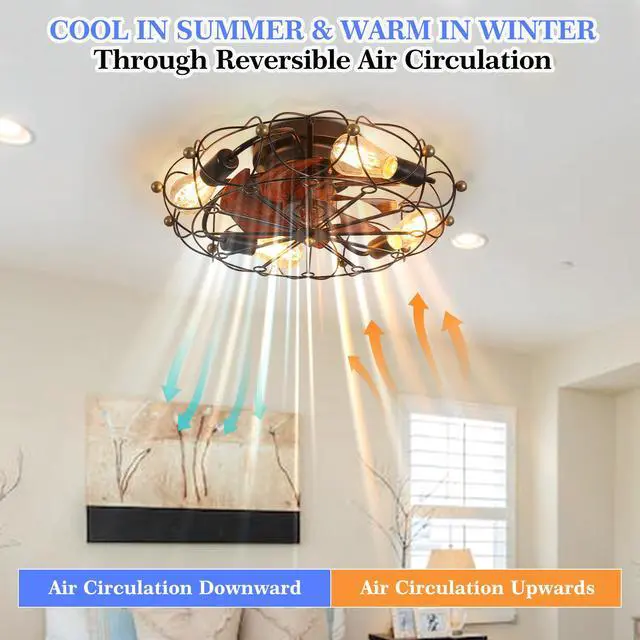 Alt view image 3 of 7 - Low Profile Caged Ceiling Fan with Lights Remote Control, Embedded Modern industrial Ceiling Fan