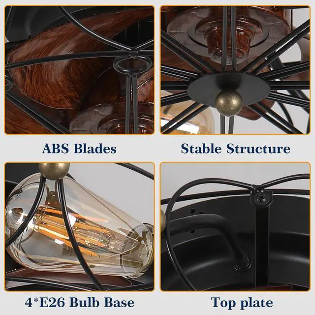 Alt view image 5 of 7 - Low Profile Caged Ceiling Fan with Lights Remote Control, Embedded Modern industrial Ceiling Fan