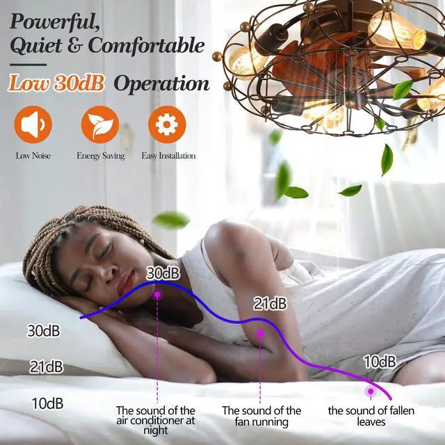Alt view image 6 of 7 - Low Profile Caged Ceiling Fan with Lights Remote Control, Embedded Modern industrial Ceiling Fan