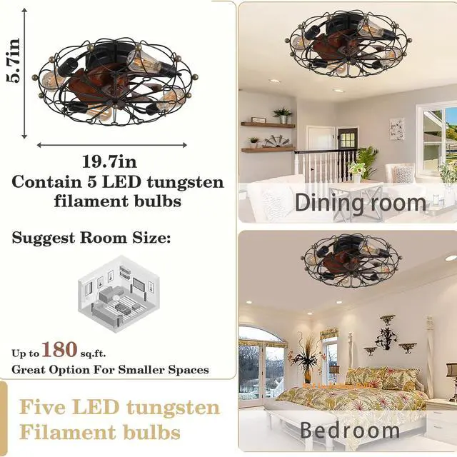 Alt view image 4 of 7 - Low Profile Caged Ceiling Fan with Lights Remote Control, Embedded Modern industrial Ceiling Fan