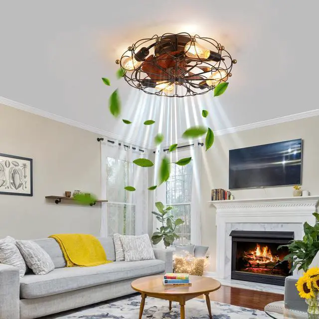 Alt view image 2 of 7 - Low Profile Caged Ceiling Fan with Lights Remote Control, Embedded Modern industrial Ceiling Fan