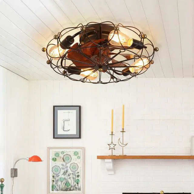 Main image of Low Profile Caged Ceiling Fan with Lights Remote Control, Embedded Modern industrial Ceiling Fan
