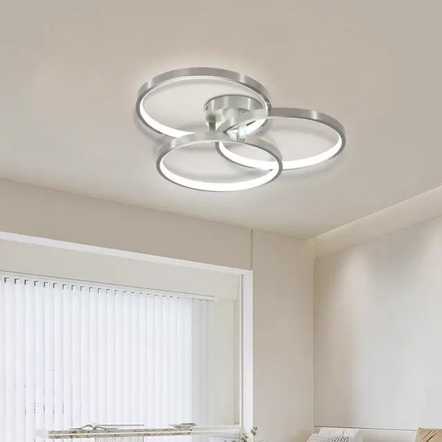 Alt view image 2 of 7 - 20" Modern Led Ceiling Light Fixture - Circular 3-Ring Design, Dimmable, Contemporary Brushed Nickel Finish for Living Room, Bedroom & Office