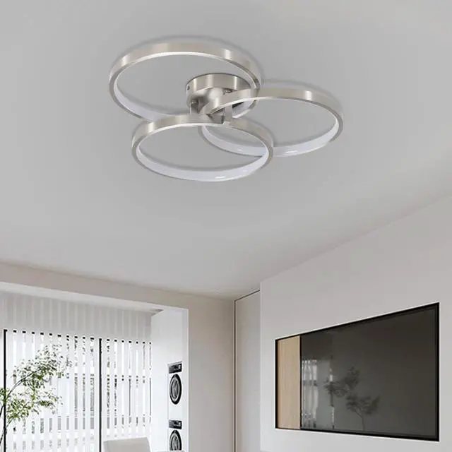 Alt view image 3 of 7 - 20" Modern Led Ceiling Light Fixture - Circular 3-Ring Design, Dimmable, Contemporary Brushed Nickel Finish for Living Room, Bedroom & Office