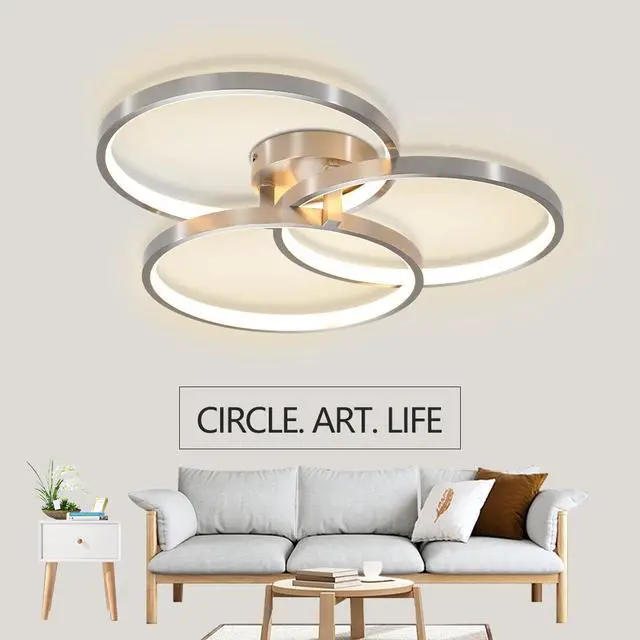 Alt view image 4 of 7 - 20" Modern Led Ceiling Light Fixture - Circular 3-Ring Design, Dimmable, Contemporary Brushed Nickel Finish for Living Room, Bedroom & Office