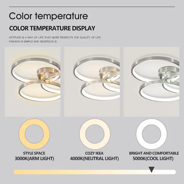 Alt view image 5 of 7 - 20" Modern Led Ceiling Light Fixture - Circular 3-Ring Design, Dimmable, Contemporary Brushed Nickel Finish for Living Room, Bedroom & Office