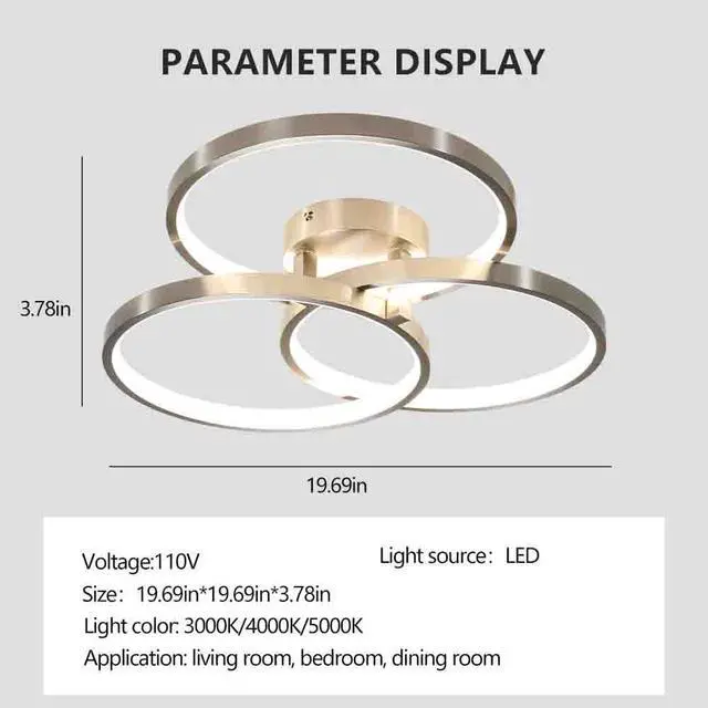 Alt view image 6 of 7 - 20" Modern Led Ceiling Light Fixture - Circular 3-Ring Design, Dimmable, Contemporary Brushed Nickel Finish for Living Room, Bedroom & Office