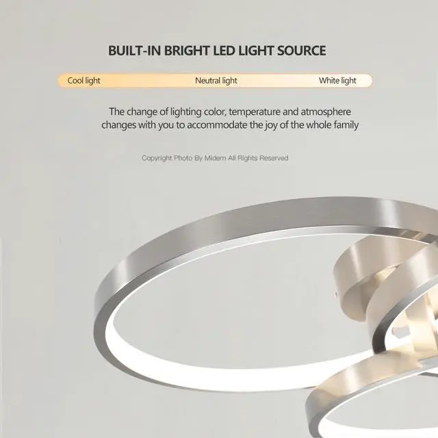 Alt view image 7 of 7 - 20" Modern Led Ceiling Light Fixture - Circular 3-Ring Design, Dimmable, Contemporary Brushed Nickel Finish for Living Room, Bedroom & Office