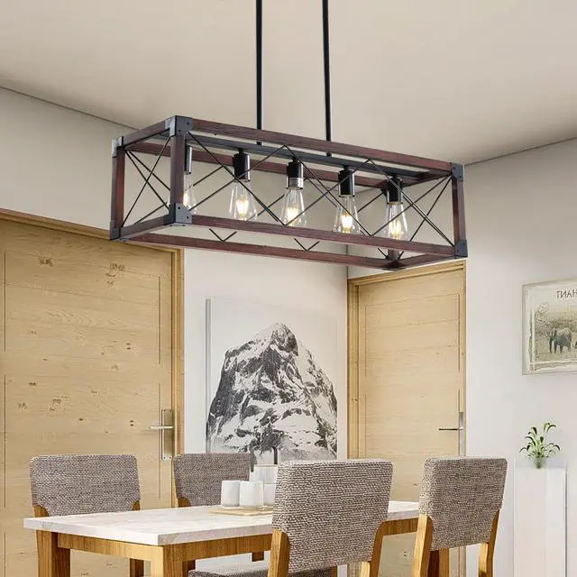 Alt view image 2 of 7 - 32" Red Wood industrial Farmhouse Rectangle Pendant Light, 5-Light Chandelier for Dining Room, Kitchen Island, Cafe Decor (No Bulbs)