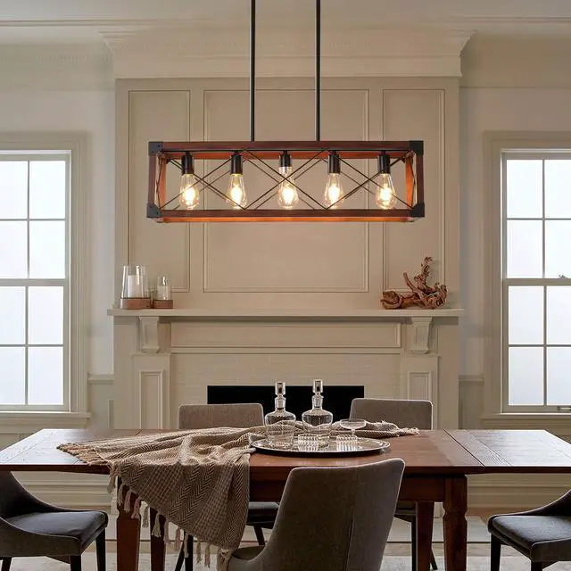 Main image of 32" Red Wood industrial Farmhouse Rectangle Pendant Light, 5-Light Chandelier for Dining Room, Kitchen Island, Cafe Decor (No Bulbs)