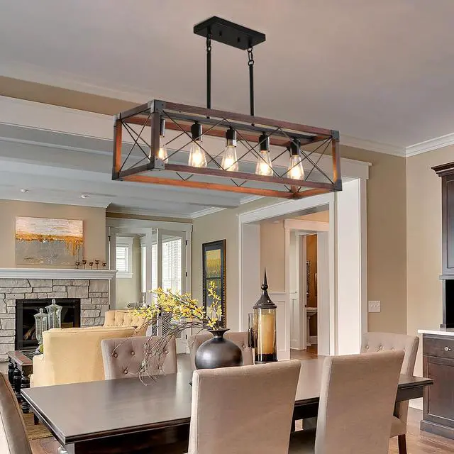 Alt view image 6 of 7 - 32" Red Wood industrial Farmhouse Rectangle Pendant Light, 5-Light Chandelier for Dining Room, Kitchen Island, Cafe Decor (No Bulbs)