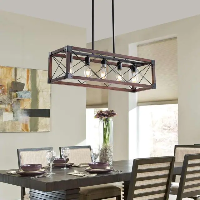 Alt view image 5 of 7 - 32" Red Wood industrial Farmhouse Rectangle Pendant Light, 5-Light Chandelier for Dining Room, Kitchen Island, Cafe Decor (No Bulbs)