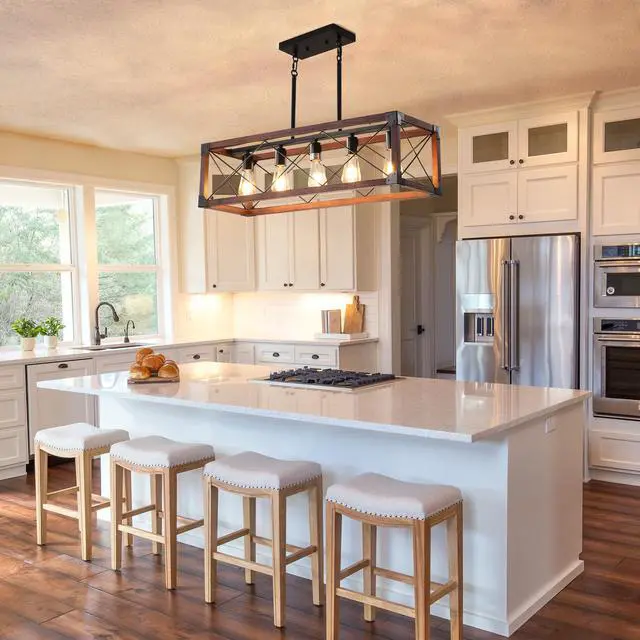 Alt view image 7 of 7 - 32" Red Wood industrial Farmhouse Rectangle Pendant Light, 5-Light Chandelier for Dining Room, Kitchen Island, Cafe Decor (No Bulbs)