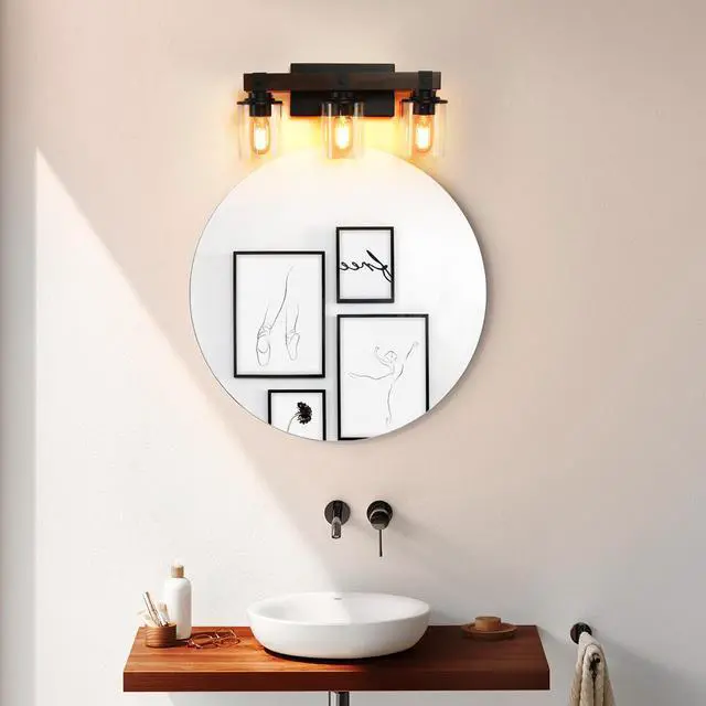 Main image of 19" Rustic 3-Light Vanity Light, industrial Bathroom Wall Sconce with Glass Shades and Wood Accent, Modern Farmhouse Lighting Fixture (No Bulbs)