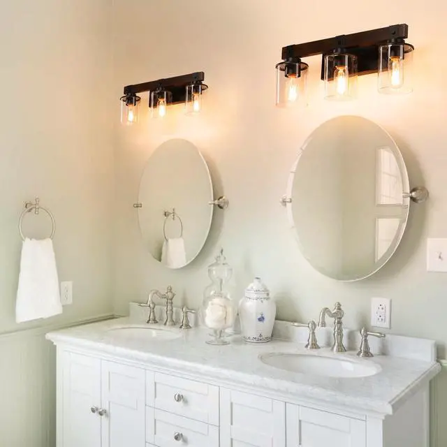 Alt view image 2 of 7 - 19" Rustic 3-Light Vanity Light, industrial Bathroom Wall Sconce with Glass Shades and Wood Accent, Modern Farmhouse Lighting Fixture (No Bulbs)