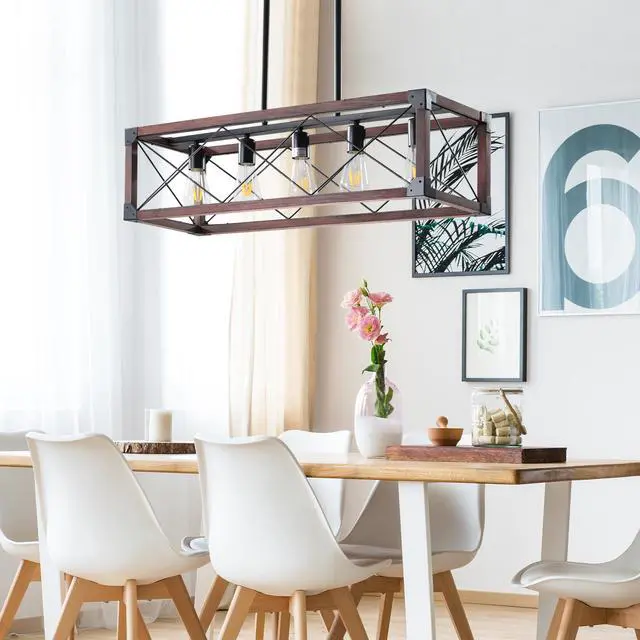 Alt view image 4 of 7 - 32" Red Wood industrial Farmhouse Rectangle Pendant Light, 5-Light Chandelier for Dining Room, Kitchen Island, Cafe Decor (No Bulbs)
