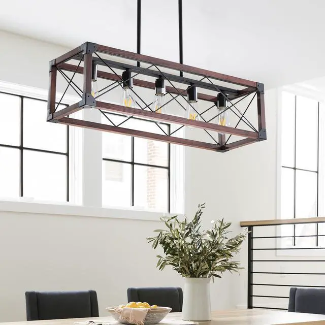 Alt view image 3 of 7 - 32" Red Wood industrial Farmhouse Rectangle Pendant Light, 5-Light Chandelier for Dining Room, Kitchen Island, Cafe Decor (No Bulbs)