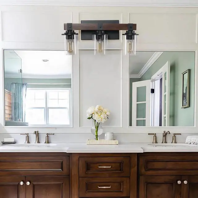 Alt view image 3 of 7 - 19" Rustic 3-Light Vanity Light, industrial Bathroom Wall Sconce with Glass Shades and Wood Accent, Modern Farmhouse Lighting Fixture (No Bulbs)