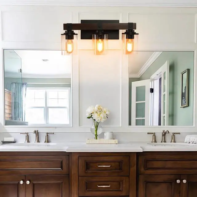 Alt view image 4 of 7 - 19" Rustic 3-Light Vanity Light, industrial Bathroom Wall Sconce with Glass Shades and Wood Accent, Modern Farmhouse Lighting Fixture (No Bulbs)