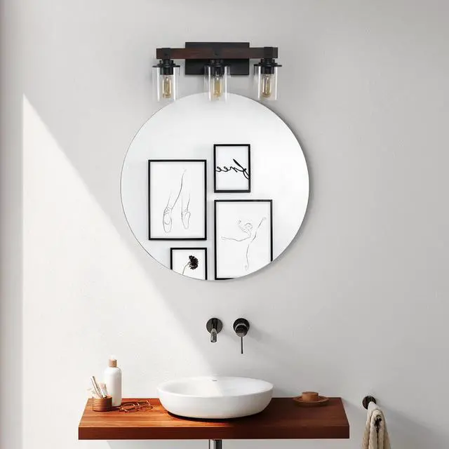 Alt view image 5 of 7 - 19" Rustic 3-Light Vanity Light, industrial Bathroom Wall Sconce with Glass Shades and Wood Accent, Modern Farmhouse Lighting Fixture (No Bulbs)