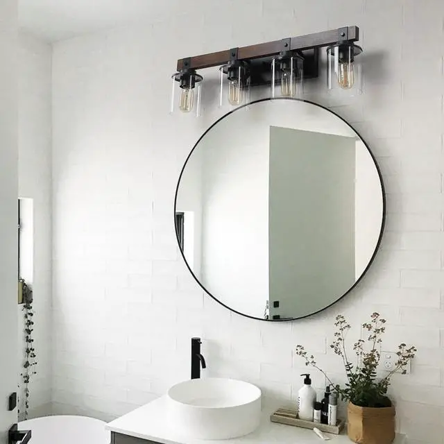 Main image of 27" Rustic 4-Light Vanity Light, industrial Bathroom Wall Sconce with Glass Shades and Wood Accent, Modern Farmhouse Lighting Fixture (No Bulbs)