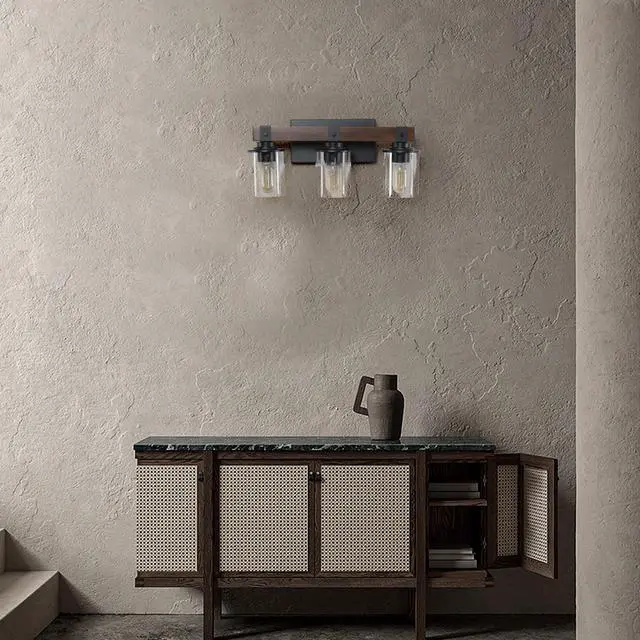 Alt view image 6 of 7 - 19" Rustic 3-Light Vanity Light, industrial Bathroom Wall Sconce with Glass Shades and Wood Accent, Modern Farmhouse Lighting Fixture (No Bulbs)