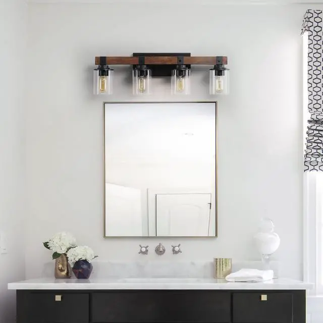 Alt view image 3 of 7 - 27" Rustic 4-Light Vanity Light, industrial Bathroom Wall Sconce with Glass Shades and Wood Accent, Modern Farmhouse Lighting Fixture (No Bulbs)